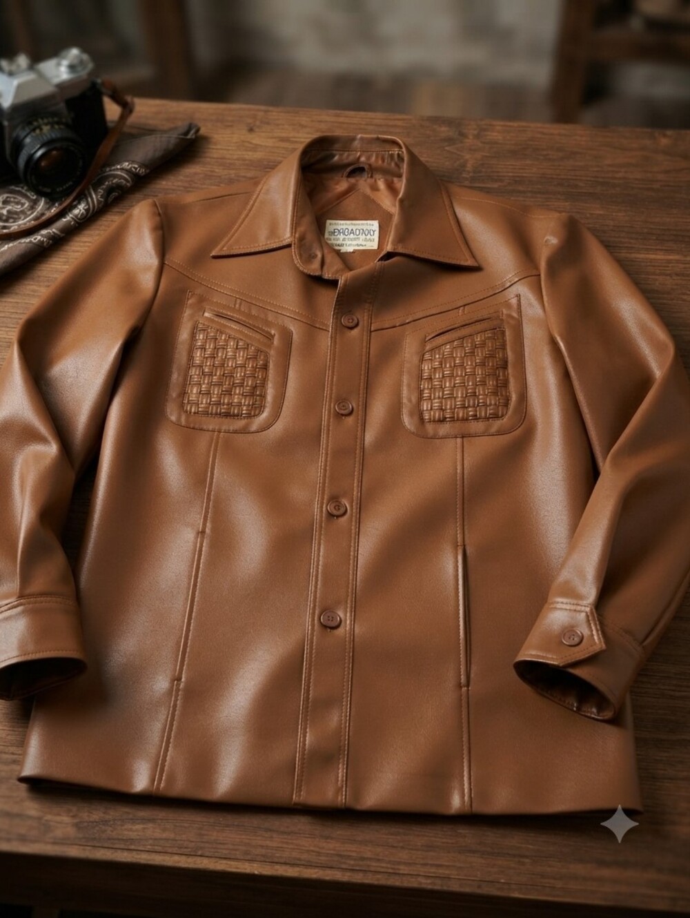 Vintage The Broadway Men's Brown Faux Leather Jacket Size Large Woven Pocket